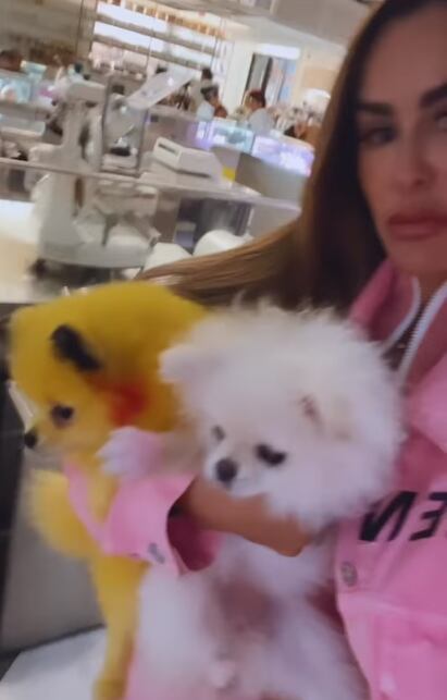Ninel Conde con dos perros con pelo teñido.