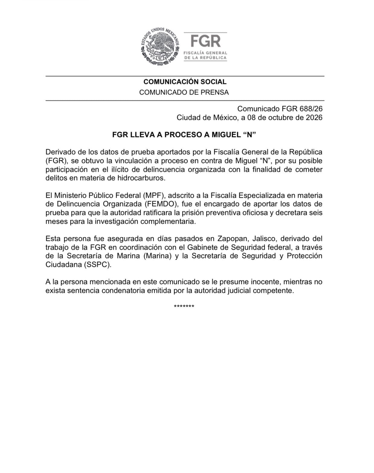 FGR confirma proceso contra Miguel Ángel Solano Ruiz por presunto huachicol fiscal