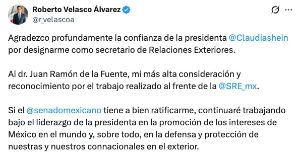 Roberto Velasco agradece a Sheinbaum