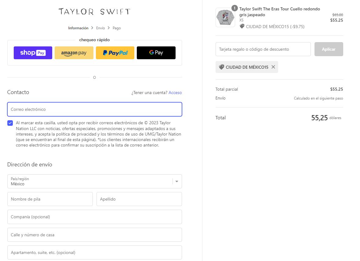 Código de descuento en la tienda oficial de Taylor Swift