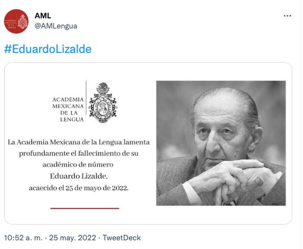 La Academia Mexicana de la Lengua lamenta la muerte de Eduardo Lizalde