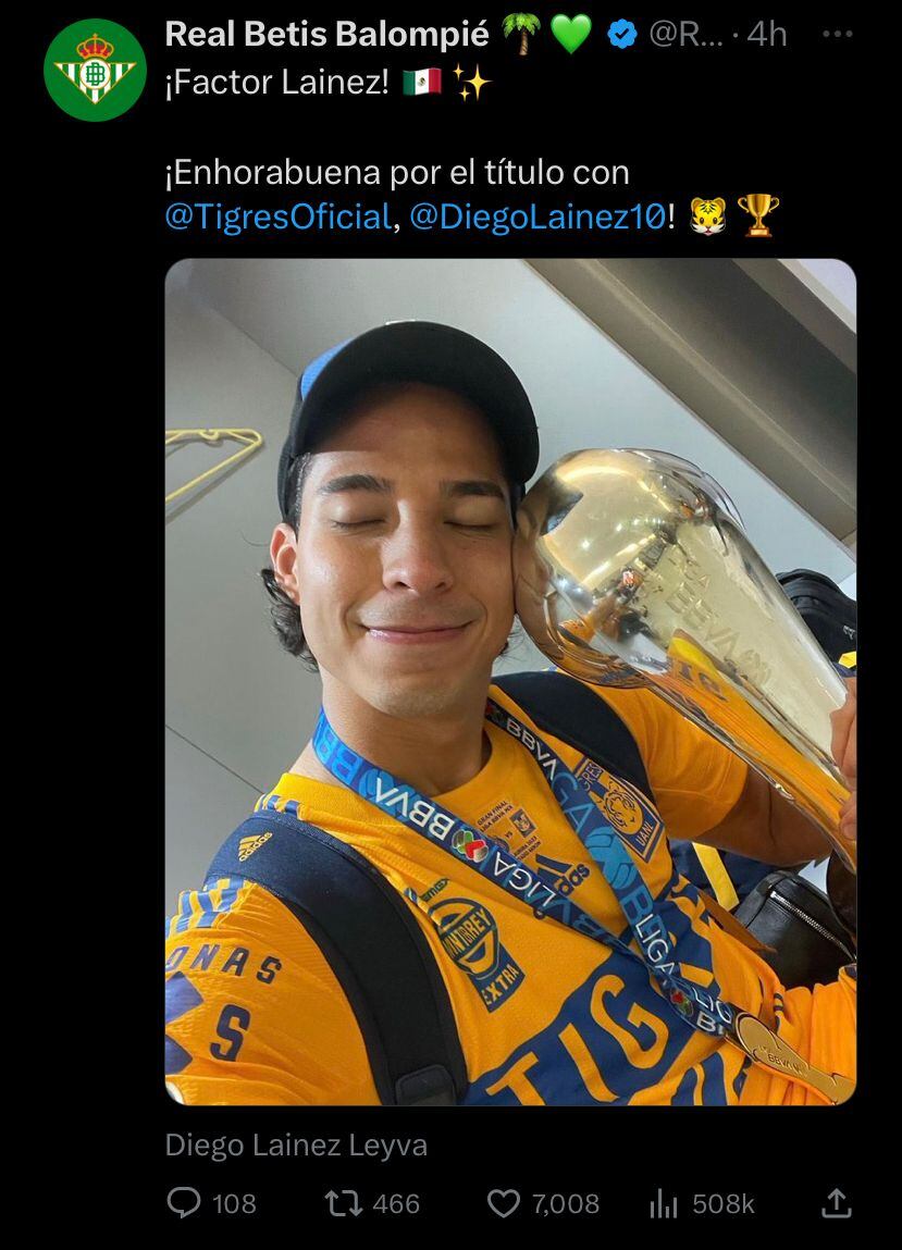 El Real Betis felicitó a Diego Lainez por ganar el título de la Liga MX con el Club Tigres.