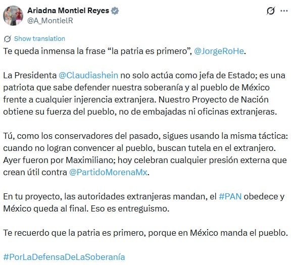 “Es una patriota”: Ariadna Montiel defiende a Sheinbaum y responde a Jorge Romero