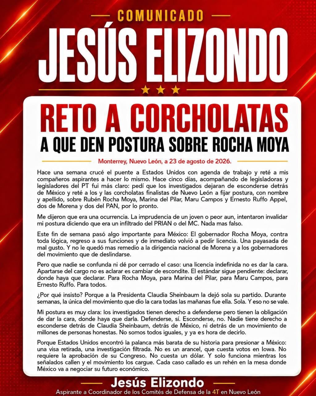 Jesús Elizondo exige a aspirantes de Morena pronunciarse sobre Rocha Moya