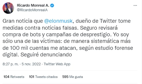 Ricardo Monreal pide a Elon Musk revisar su acoso en Twitter: “más de 100 mil cuentas me atacan”