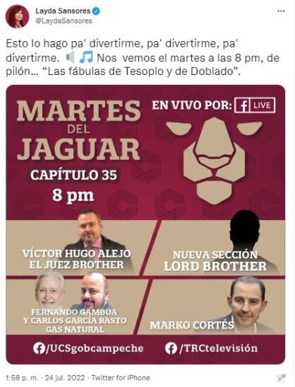 Layda Sansores presentará al “juez brother” en el Martes del Jaguar