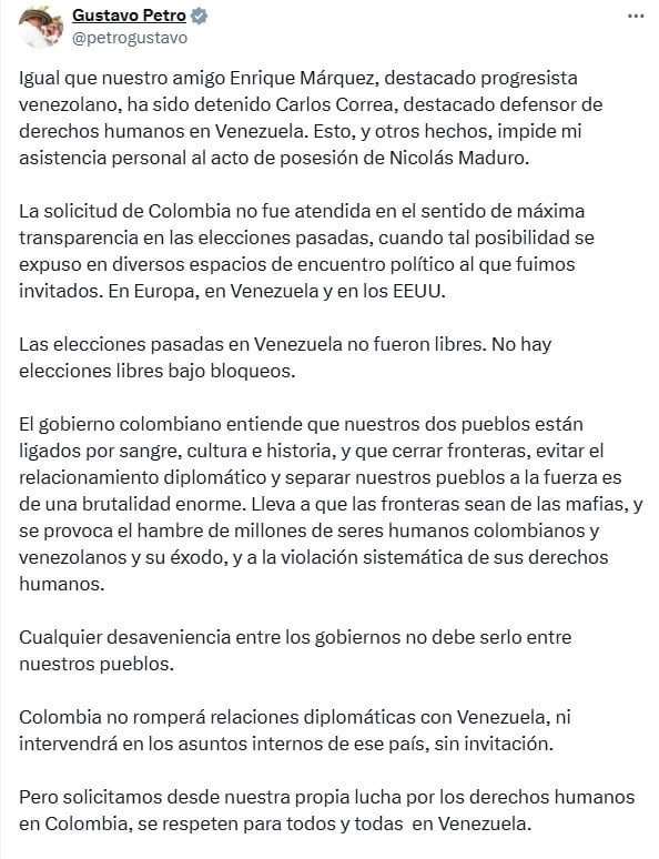 Gustavo Petro, presidente de Colombia, batea toma de posesión de Nicolás Maduro