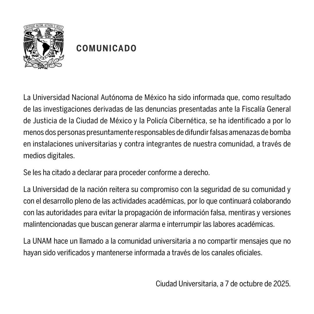Responsables de amenazas de bomba en la UNAM
