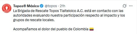 Topos México habla sobre su participación en Colombia tras el terremoto.