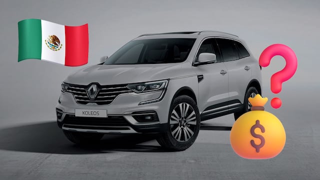Camioneta Renault Koleos 2026 en color blanco. Emojis de bandera de México, bolsa de dinero y signo de interrogación