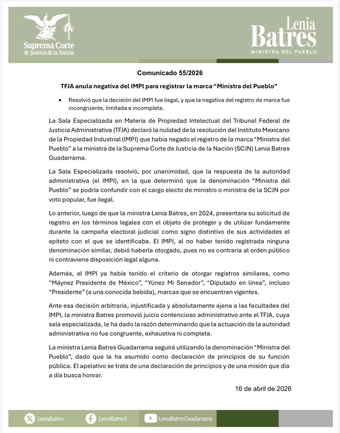 Lenia Batres revierte decisión del IMPI sobre registro del apodo “ministra del pueblo”