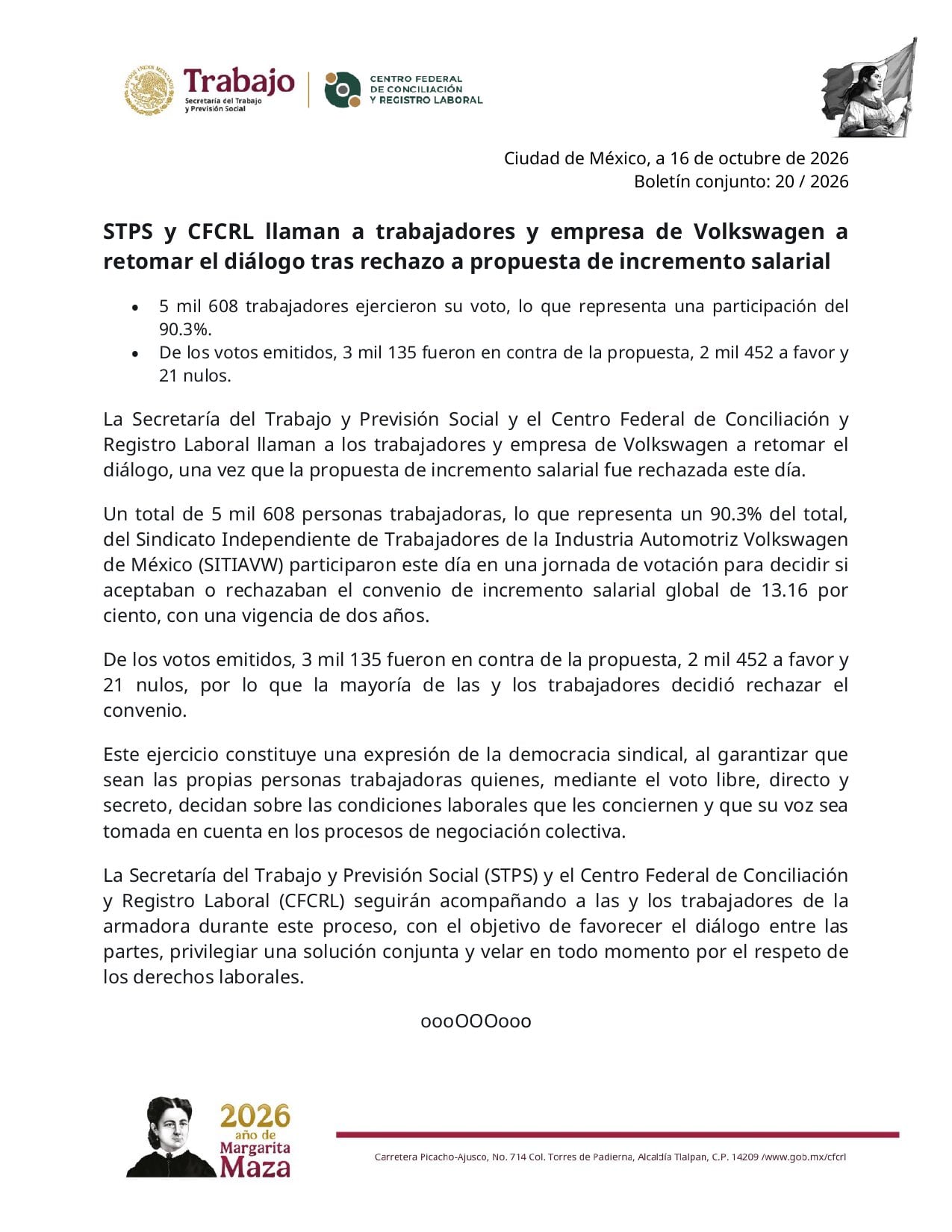 STPS y CFCRL llaman a Volkswagen y sindicato a retomar diálogo salarial