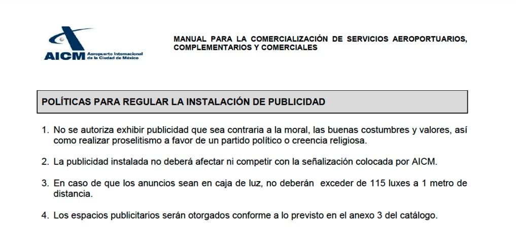 Manual para la Comercialización de Servicios Aeroportuarios, Complementarios y Comerciales del AICM/captura de pantalla