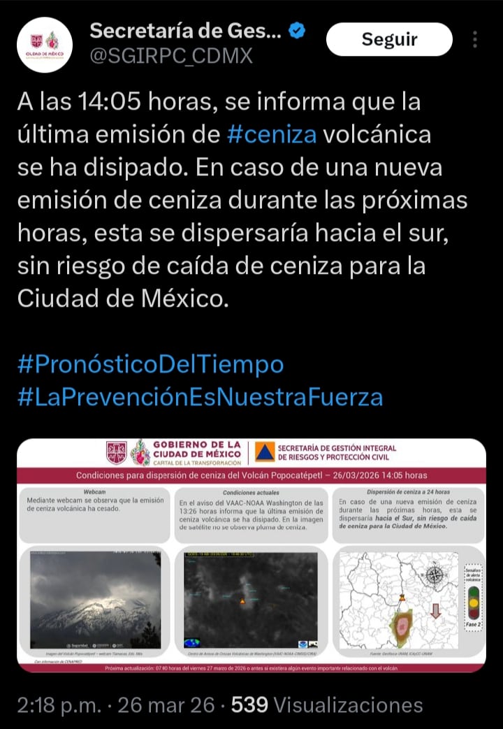 Suspende alerta por caída de ceniza en CDMX