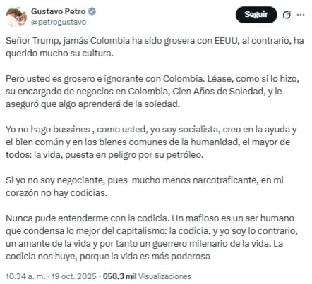 Gustavo Petro responde a Donald Trump por llamarlo "líder del narcotráfico".