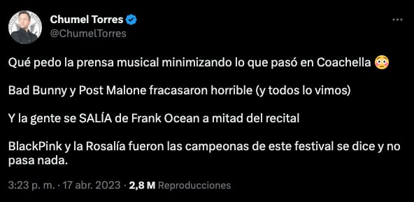 Chumel Torres cree que la presentación de Rosalía y Blackpink fue lo mejor del primer fin de semana de Coachella 2023