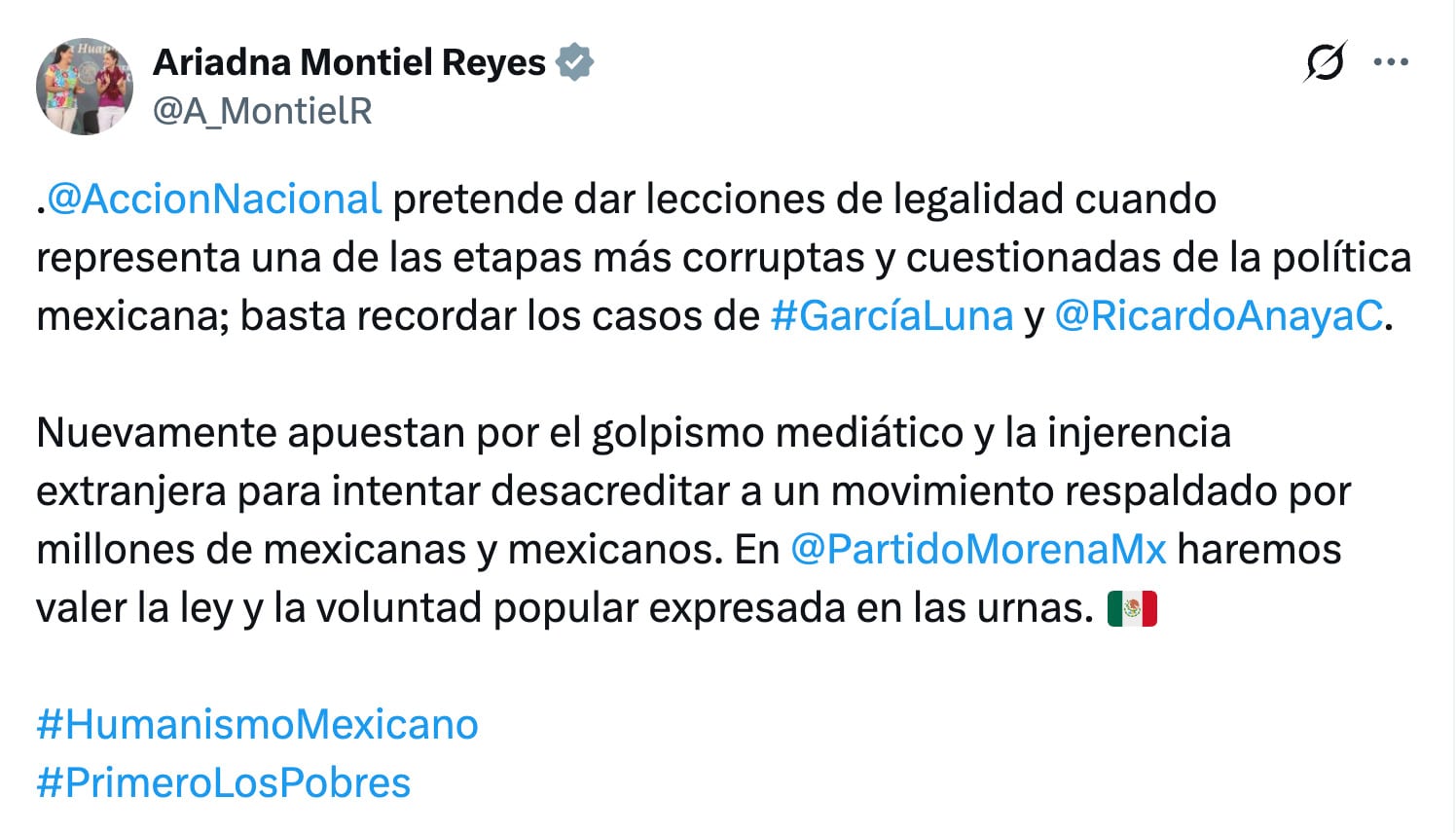 Ariadna Montiel responde al PAN y recuerda caso Genaro García Luna