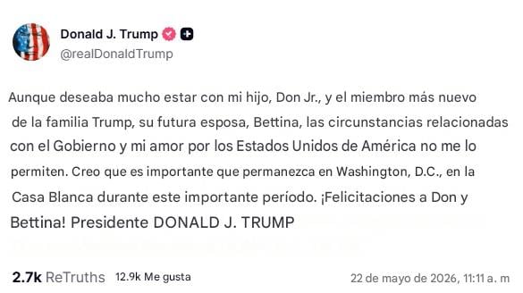 Donald Trump anuncia que no irá a la boda de su hijo Donald Trump Jr.