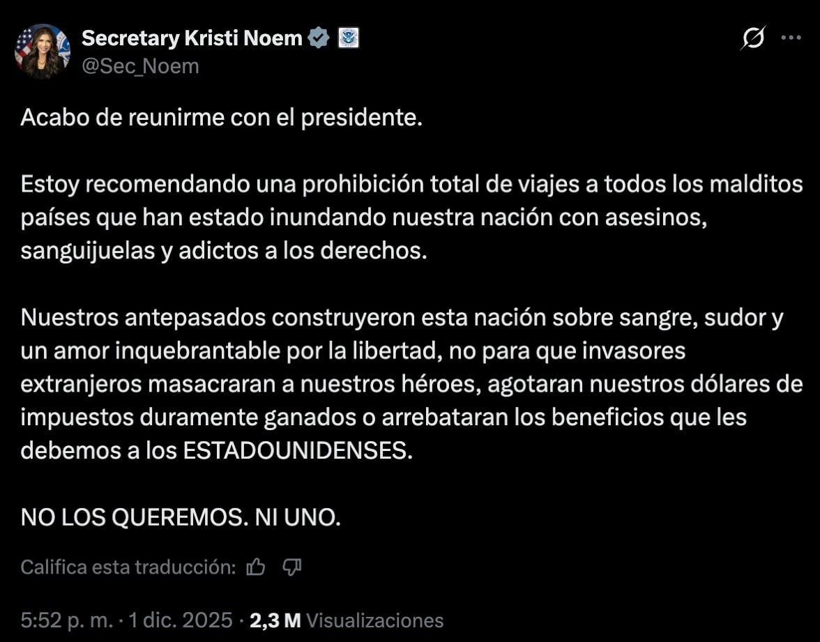 Kristi Noem pide a Donald Trump que le prohiba viajar a Estados Unidos a residente de países que sean un peligro