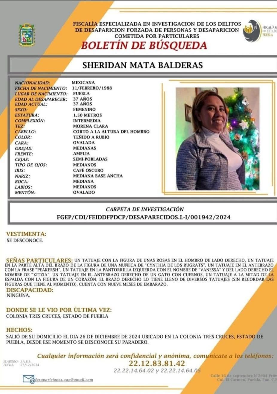 Ficha de búsqueda de Sheridan Mata Balderas, activista que fue reportada como desaparecida en Puebla