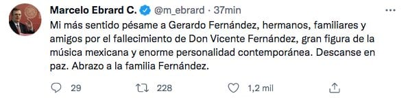 Tuit de condolencias por muerte de Vicente Fernández