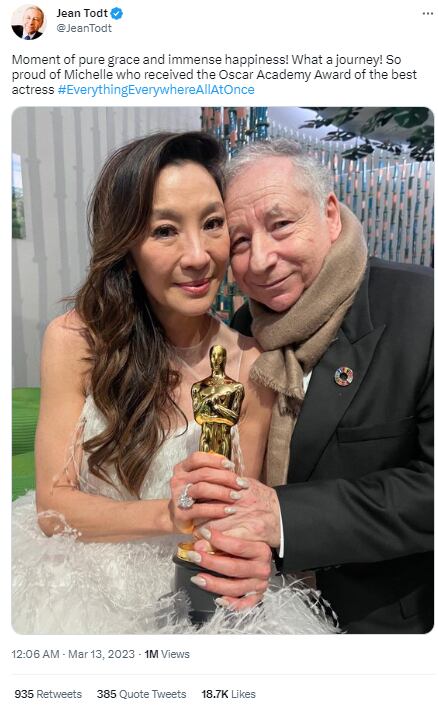 Jean Todt y Michelle Yeoh en los Premios Oscar 2023
