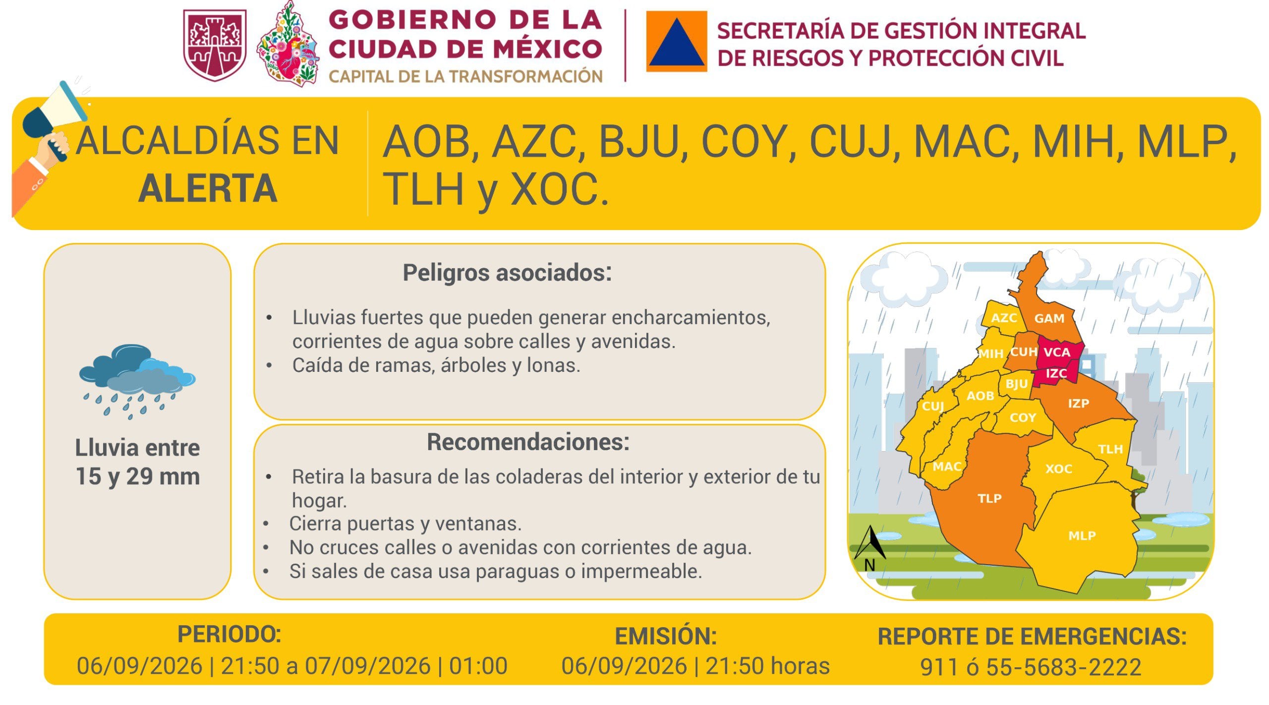 Se activan Alertas en las diferentes alcaldías de la CDMX por lluvias