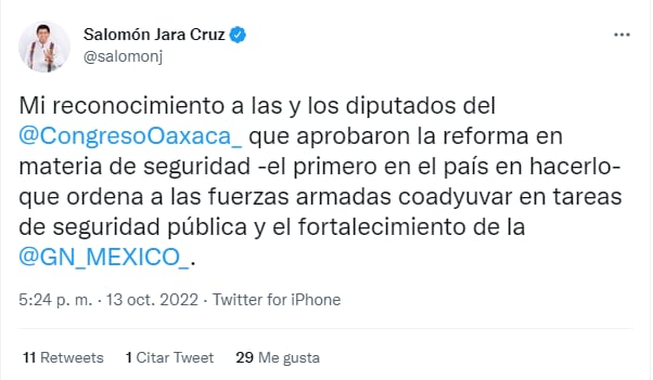 Salomón Jara celebra que Oaxaca aprobará la permanencia del Ejército en calles hasta 2028