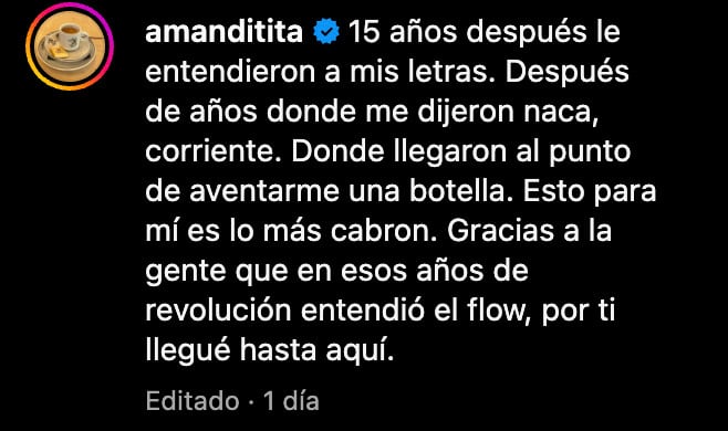 Amandititita agradece que su música sea reconocida