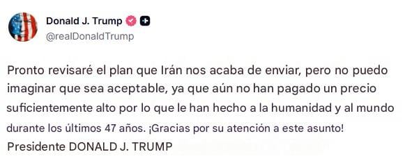 Trump revisará propuesta de Irán, pero dice que “no han pagado lo suficiente”