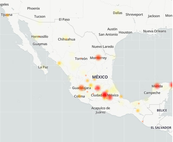 Mapa de calor de la República Mexicana que muestra los estados donde está fallando WhatsApp