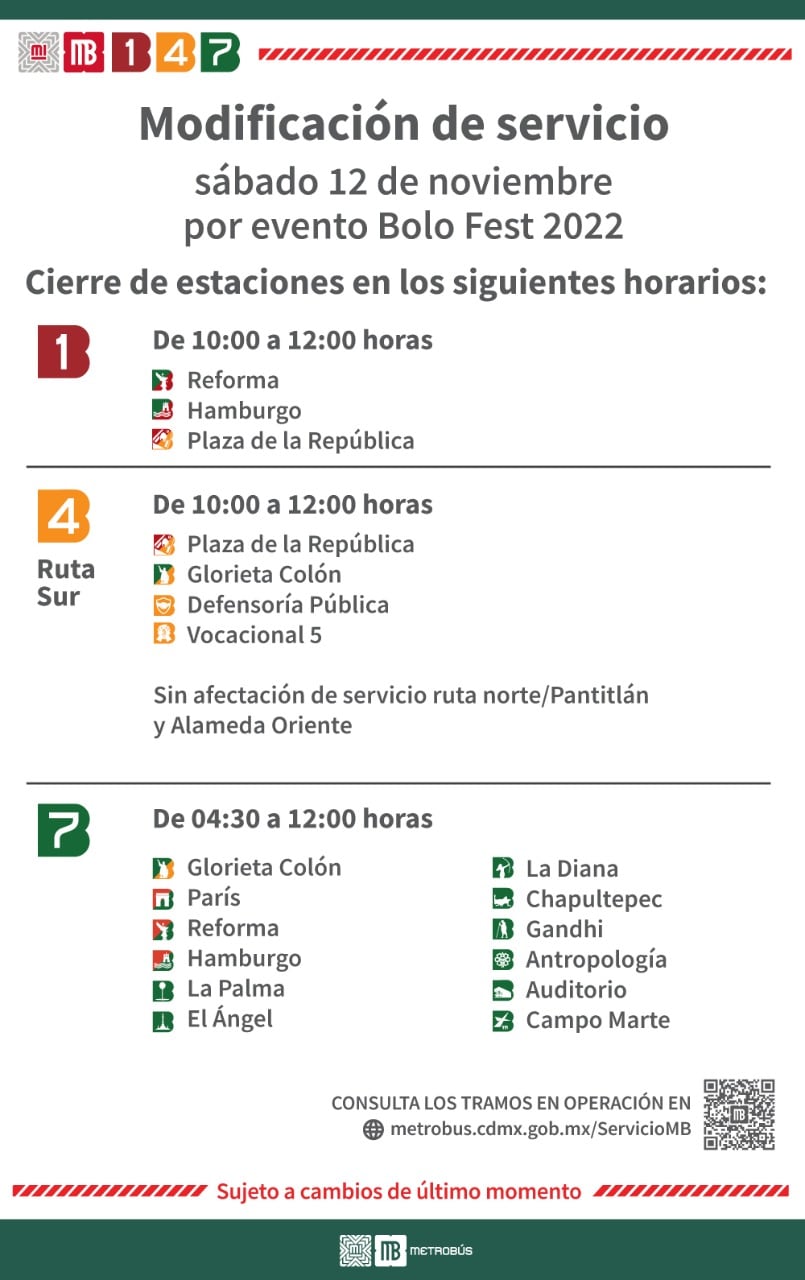 Metrobús de la CDMX suspende servicio en líneas 1,4 y 7 por Bolo Fest 2022