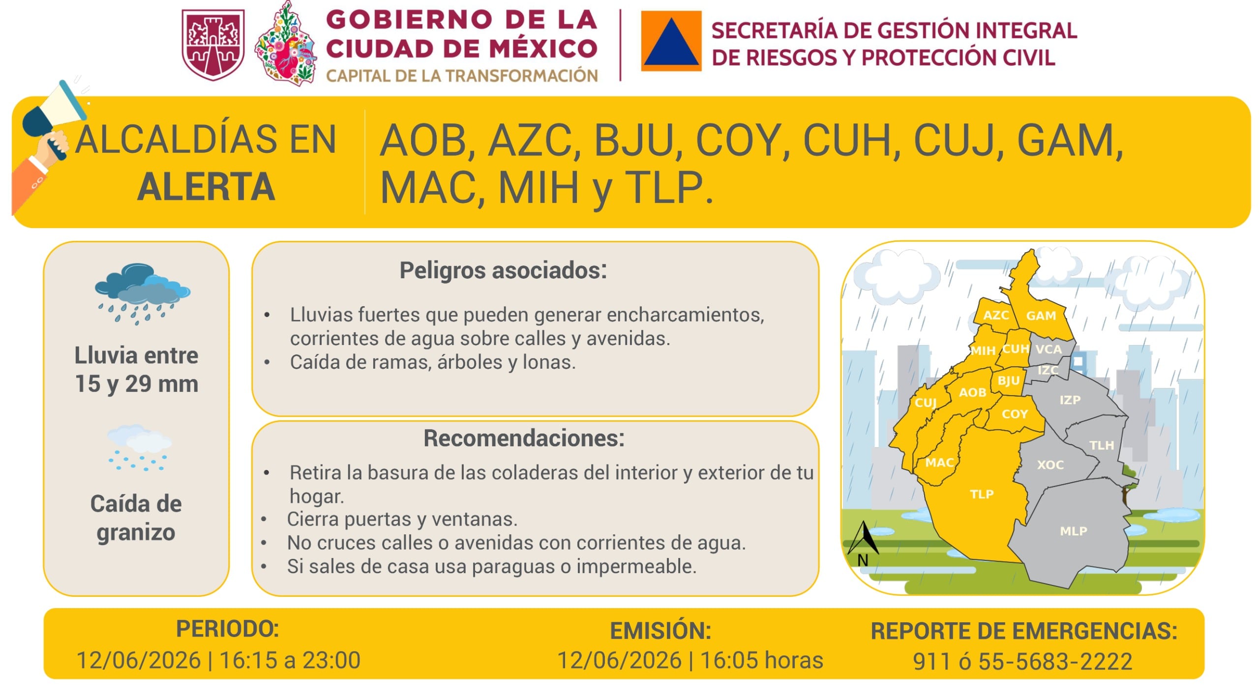 Lluvias fuertes y granizo golpean a CDMX este viernes