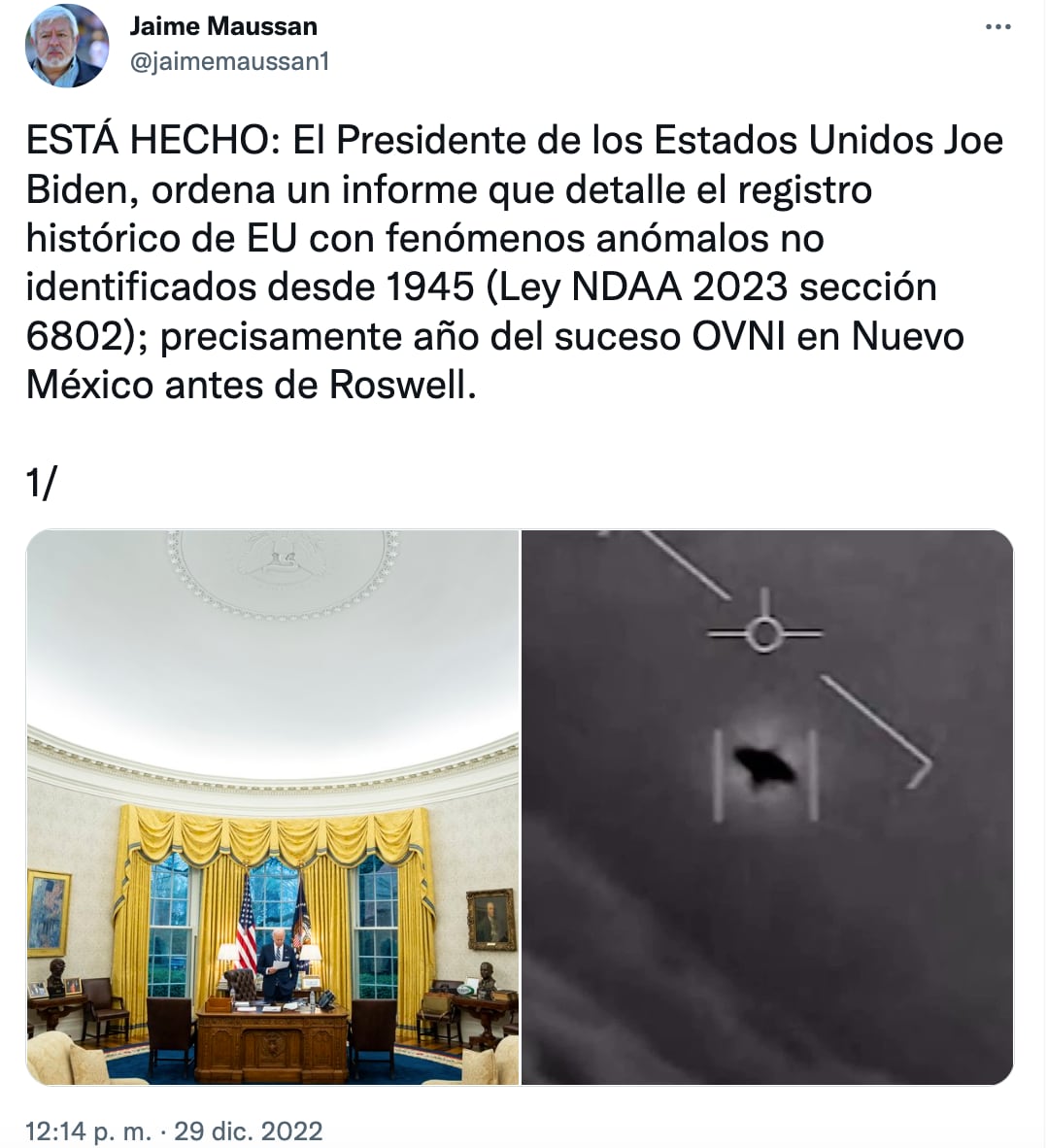 Jaime Maussan celebra que Joe Biden quiera saber sobre el fenómeno OVNI
