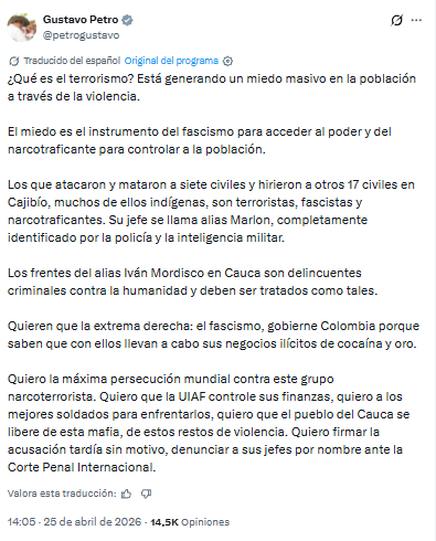 Gustavo Petro culpa a “alías Marlon” por ataque que dejó siete muertos y 17 heridos