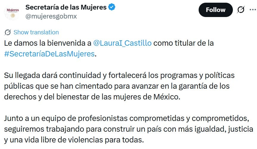 Laura Itzel Castillo asume como titular de la Secretaría de las Mujeres