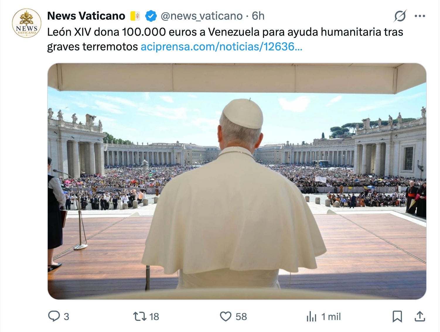Papa León XVI dona 100 mil euros para ayuda humanitaria tras terremotos en Venezuela