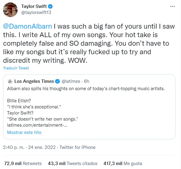 Tweet de Taylor Swift criticando a Damon Albarn