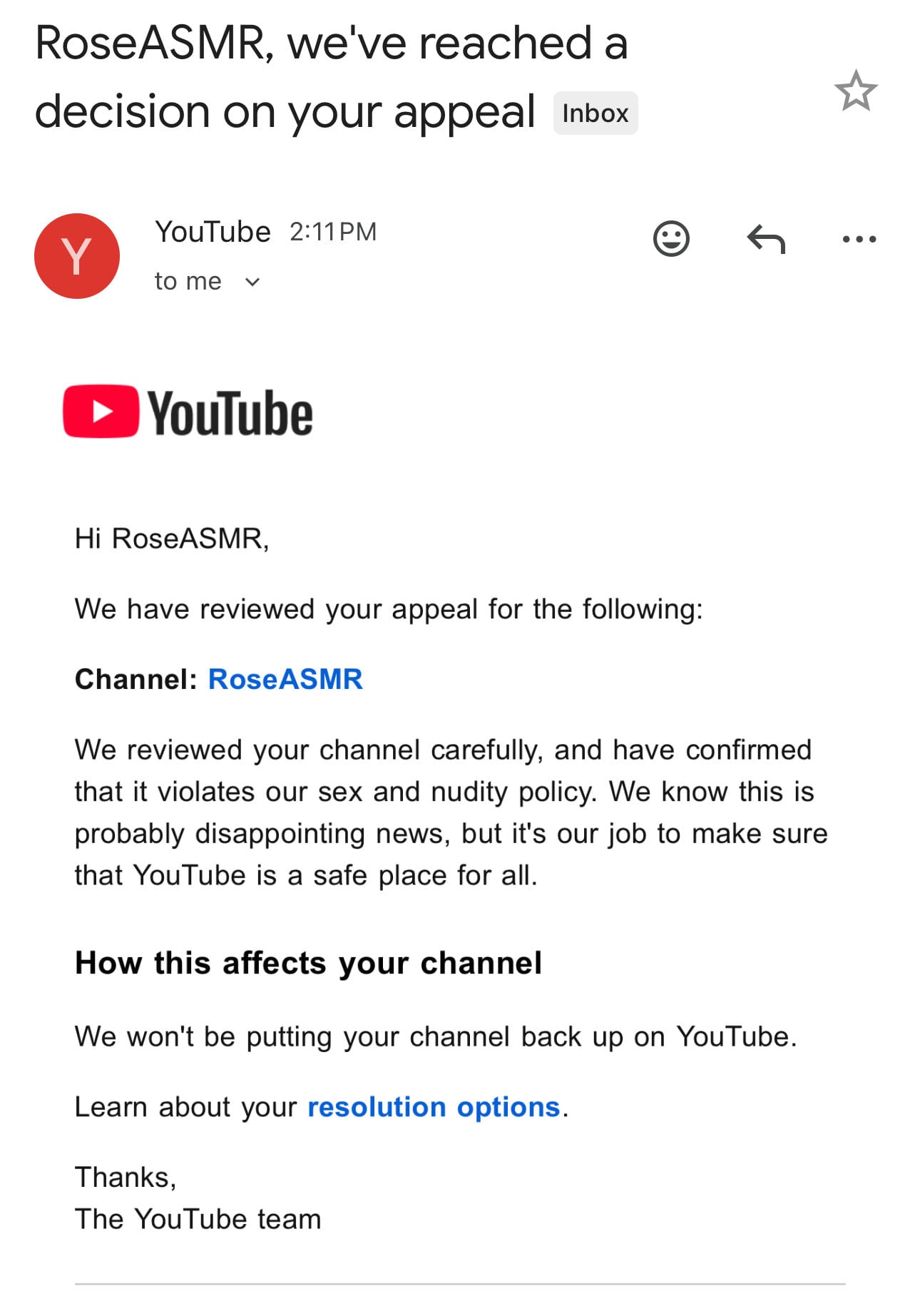 Correo de YouTube a la creadora RoseASMR