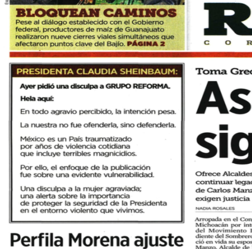 Reforma ofreció "una disculpa" a la presidenta Claudia Sheinbaum tras revictimizarla