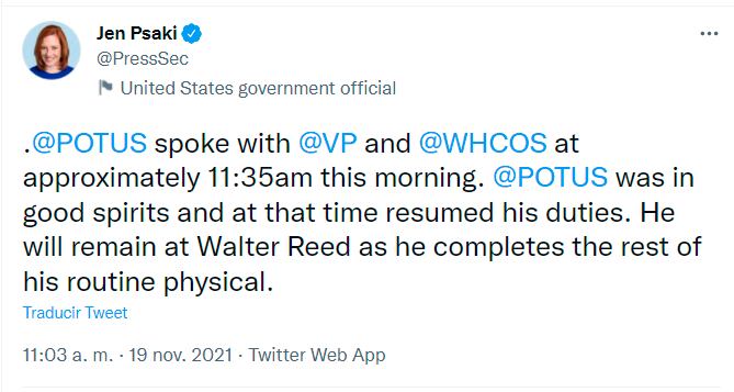 Captura de pantalla de la jefa de prensa del gobierno de Estados Unidos, Jen Psaki, anunciado que Joe Biden ya retomó sus funciones presidenciales/ @PressSec
