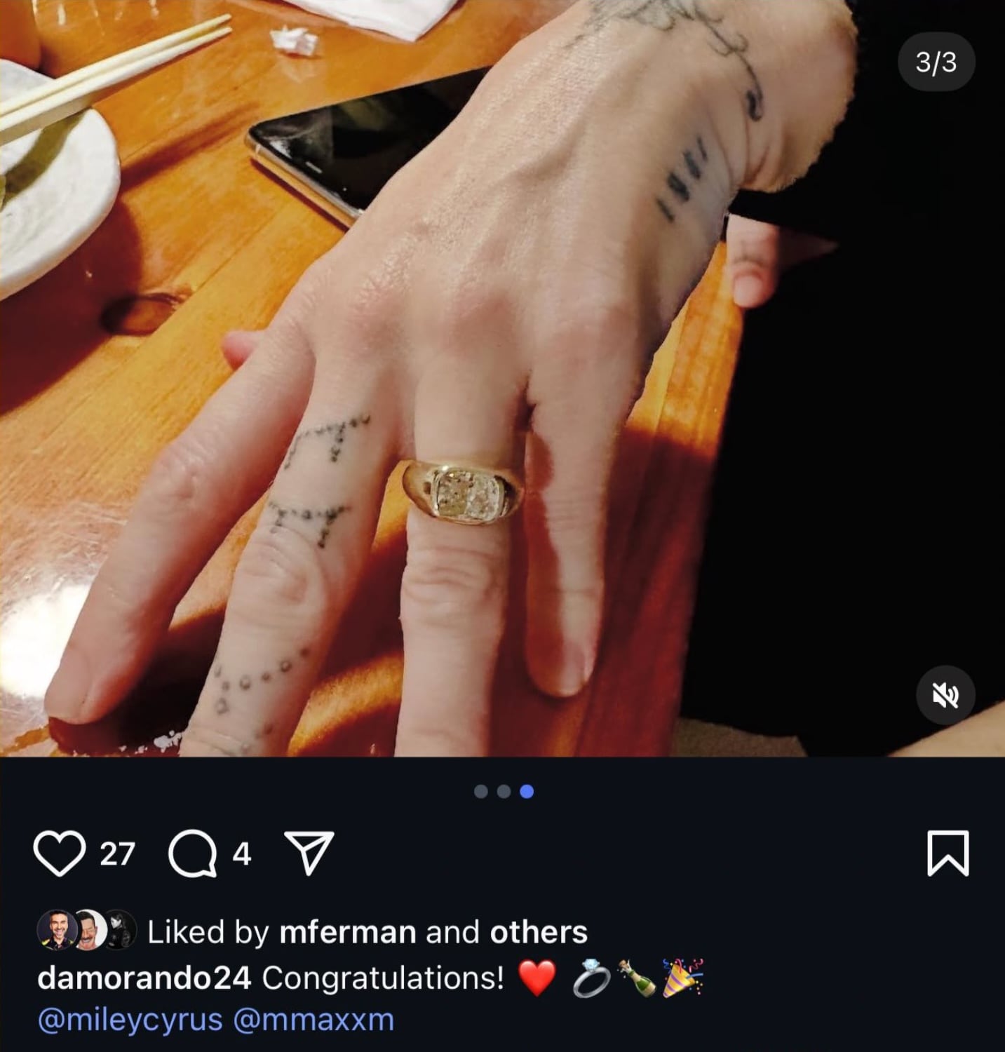 El discreto anillo que reveló el compromiso de Miley Cyrus con Maxx Morando