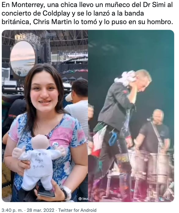 Coldplay con un peluche del Dr. Simi