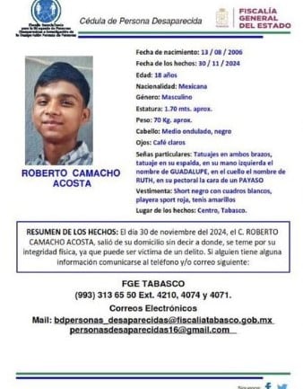 Roberto Camacho Acosta, joven desaparecido en Tabasco