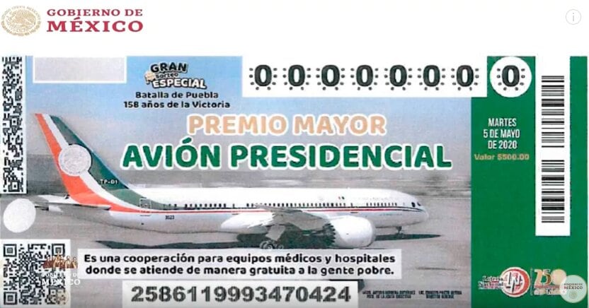 El diseño del boleto de la rifa del avión presidencial.