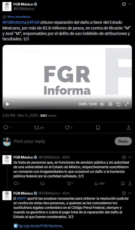 FGR obtiene reparación del daño de dos exfuncionarios implicados en la Estafa Maestra