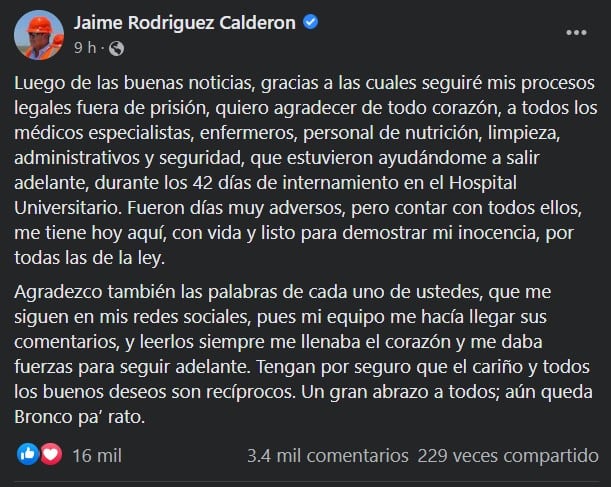 Jaime Rodríguez Calderón, "el Bronco", festeja prisión domiciliaria