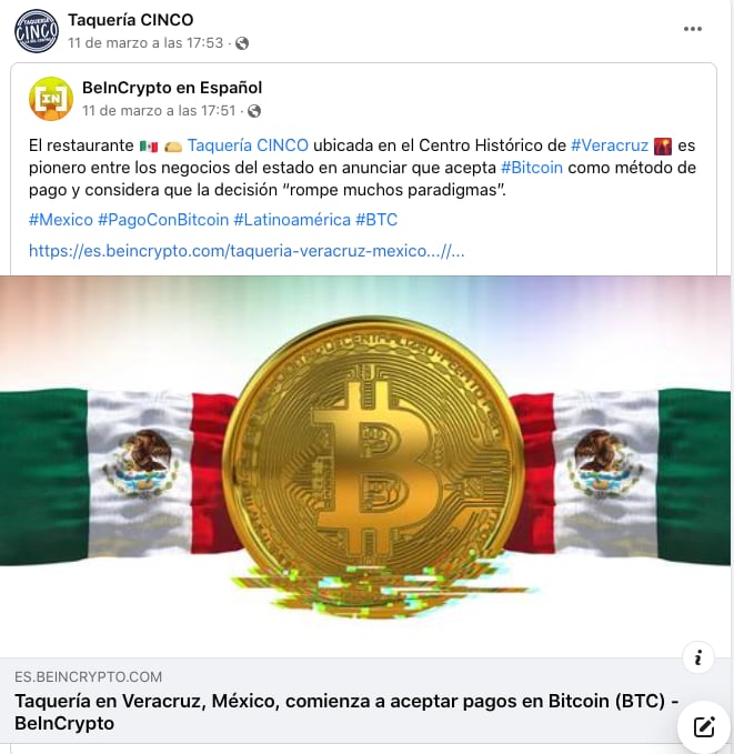 Taquería CINCO de Veracruz ya acepta bitcoin
