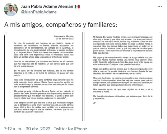 Juan Pablo Adame informa que tiene cáncer