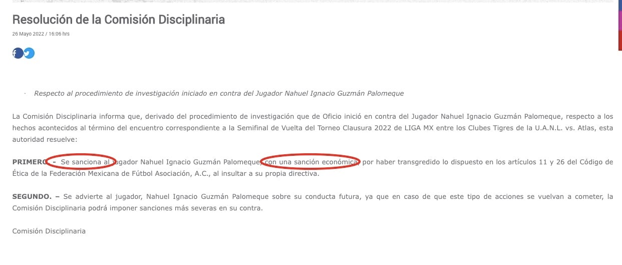 Comunicado de la Comisión Disciplinaria sobre Nahuel Guzmán